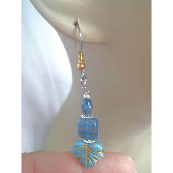 Artisan Blue Fall Glass Earrings Dangle Autumnal Silver Tone Accents Beaded NEW - Picture 6 of 10